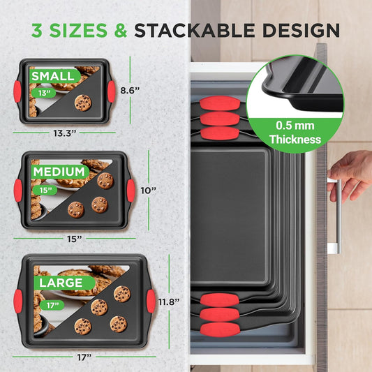 NutriChef 3-Piece Nonstick Kitchen Oven Baking Pans - Premium & Stylish Non-Stick Steel, Commercial Grade Restaurant Quality Metal Bakeware with Red Silicone Handles - Easy to Clean, NCSBS3S