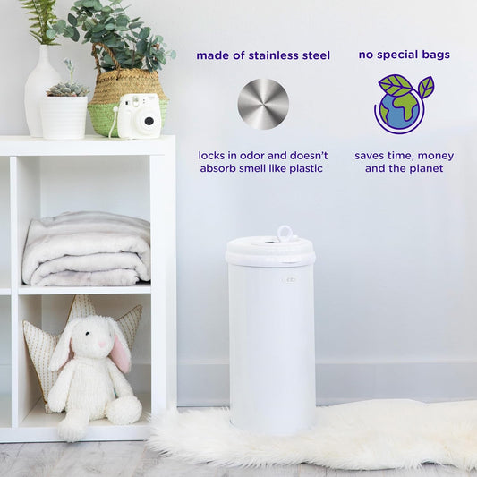 Ubbi Steel Diaper Pail, Odor Locking, No Special Bag Required, Award-Winning, Registry Must-Have, White
