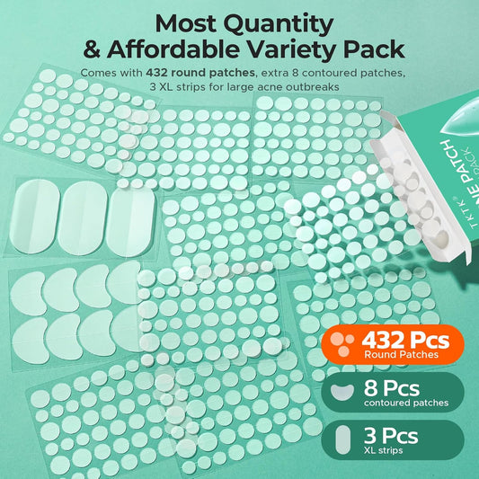 TKTK 443 Count Pimple Patches for Face, Hydrocolloid Acne Patch Bulk, Acne Stickers for Covering Cheeks, Forehead, Chin Blemishes Zit Breakouts for All Skin Types (Dots, Strip, Contoured 5 Sizes)