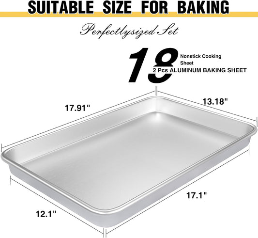 Commercial Quality Baking Sheet Pan Set, Natural Aluminum Cookie Sheet, Umite Chef Warp Resistant Baker's Half Sheet Pan, Large Thick Cookie Tray Pans for Baking, Roasting(2 Pack, 18X13In)