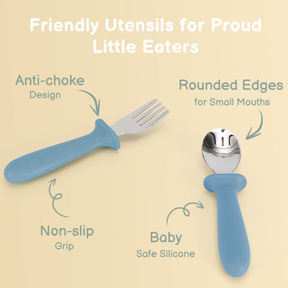 Eascrozn Toddler Utensils, 6 Pack kids Silverware Set with Silicone Handle, 18/8 Stainless Steel Children Safe Forks and Spoons, Dishwasher Safe