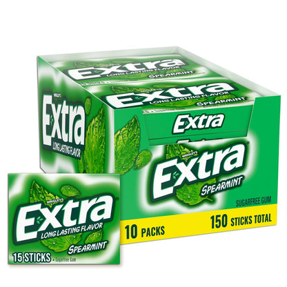 Extra Gum Spearmint Sugarfree Gum Bulk, Individually Wrapped, Perfect for Long Lasting Fresh Breath at School, Work & Travel 15 Count, Pack of 10