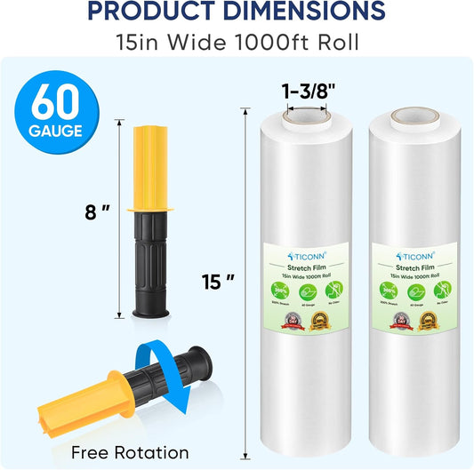 TICONN Stretch Wrap Stretch Film Roll, 1000ft Industrial Strength 15 inch Wide Clear Plastic Wrap with Handles for Pallet Wrapping Shipping Moving