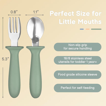 Eascrozn Toddler Utensils, 6 Pack kids Silverware Set with Silicone Handle, 18/8 Stainless Steel Children Safe Forks and Spoons, Dishwasher Safe