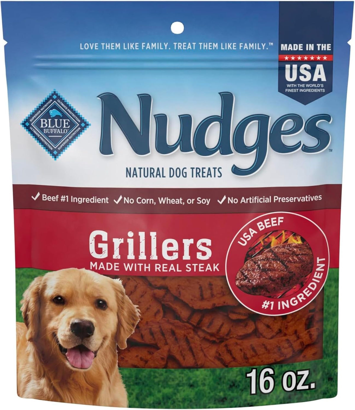 Blue Buffalo Nudges Grillers Natural Dog Treats, Made in the USA with Real Steak, 16-oz Bag