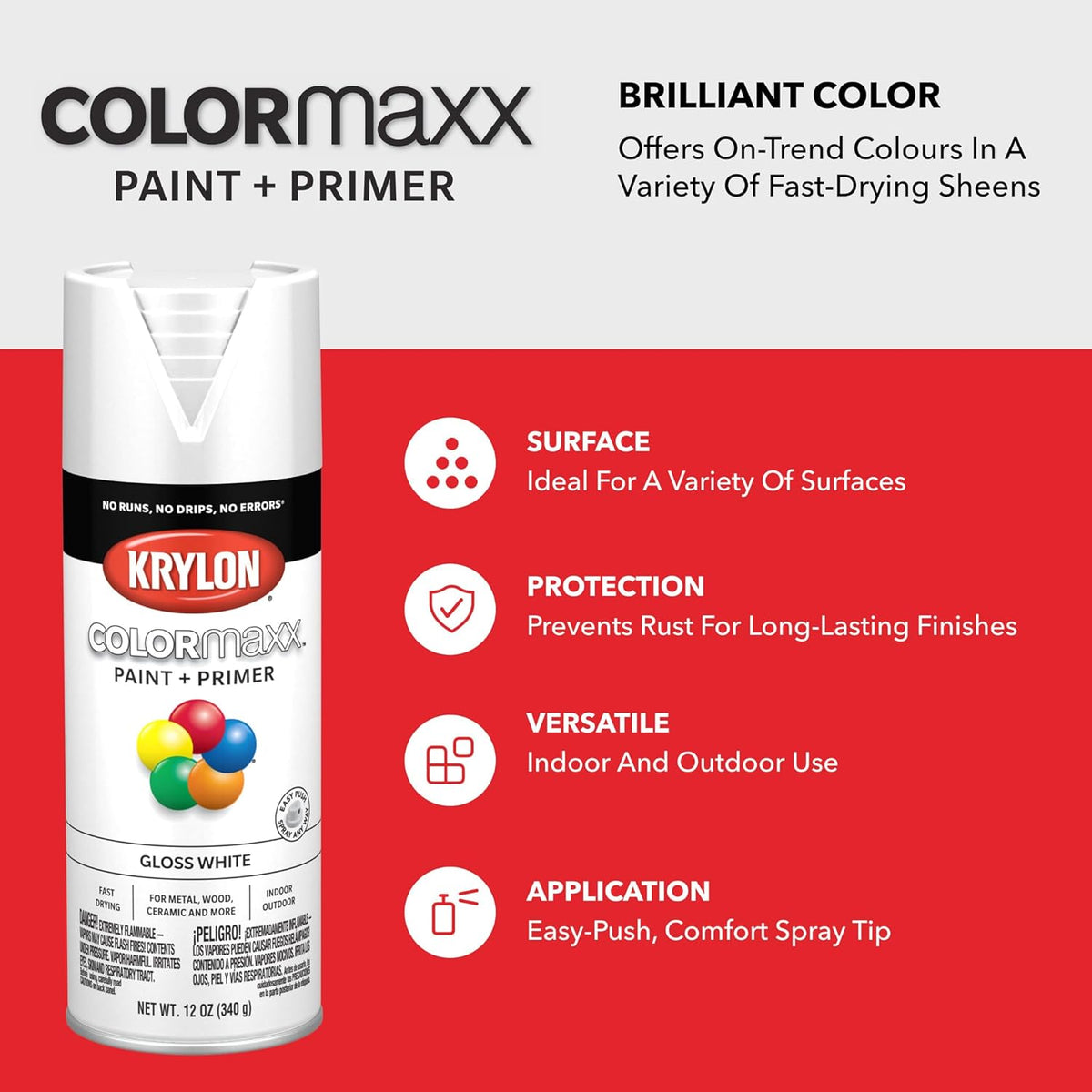 Krylon K05545007 COLORmaxx Spray Paint and Primer for Indoor/Outdoor Use, Gloss White 12 Oz (Pack of 1)