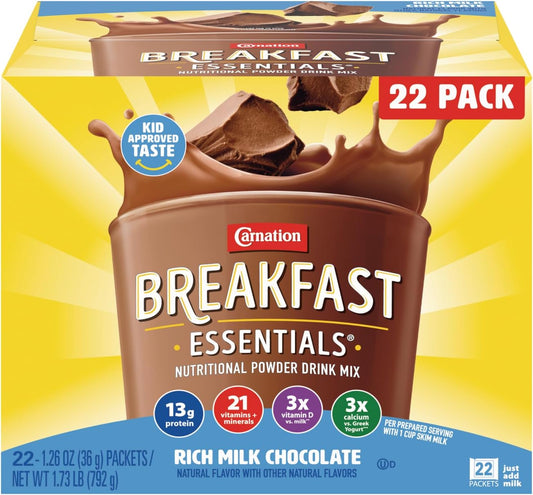 Carnation Breakfast Essentials Powder Drink Mix, Rich Milk Chocolate, 22 Count Box of 1.26 Ounce Packets