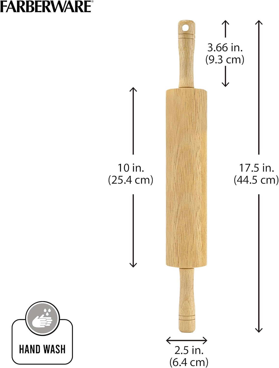 FARBERWARE Classic Wood Rolling Pin, 18-Inch Hardwood Dough Roller for Baking Pizza, Pies, Pastry and Cookies, Ergonomic Handles, Kitchen Essential
