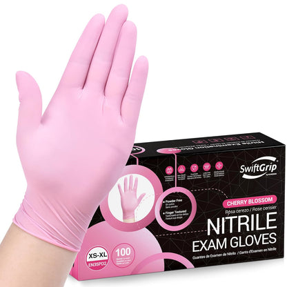 SwiftGrip Pink Nitrile Gloves, 3-mil, Industrial Gloves Disposable Latex Free, for Cleaning & Esthetician, Rubber Powder-Free, 100-ct Box (Small)