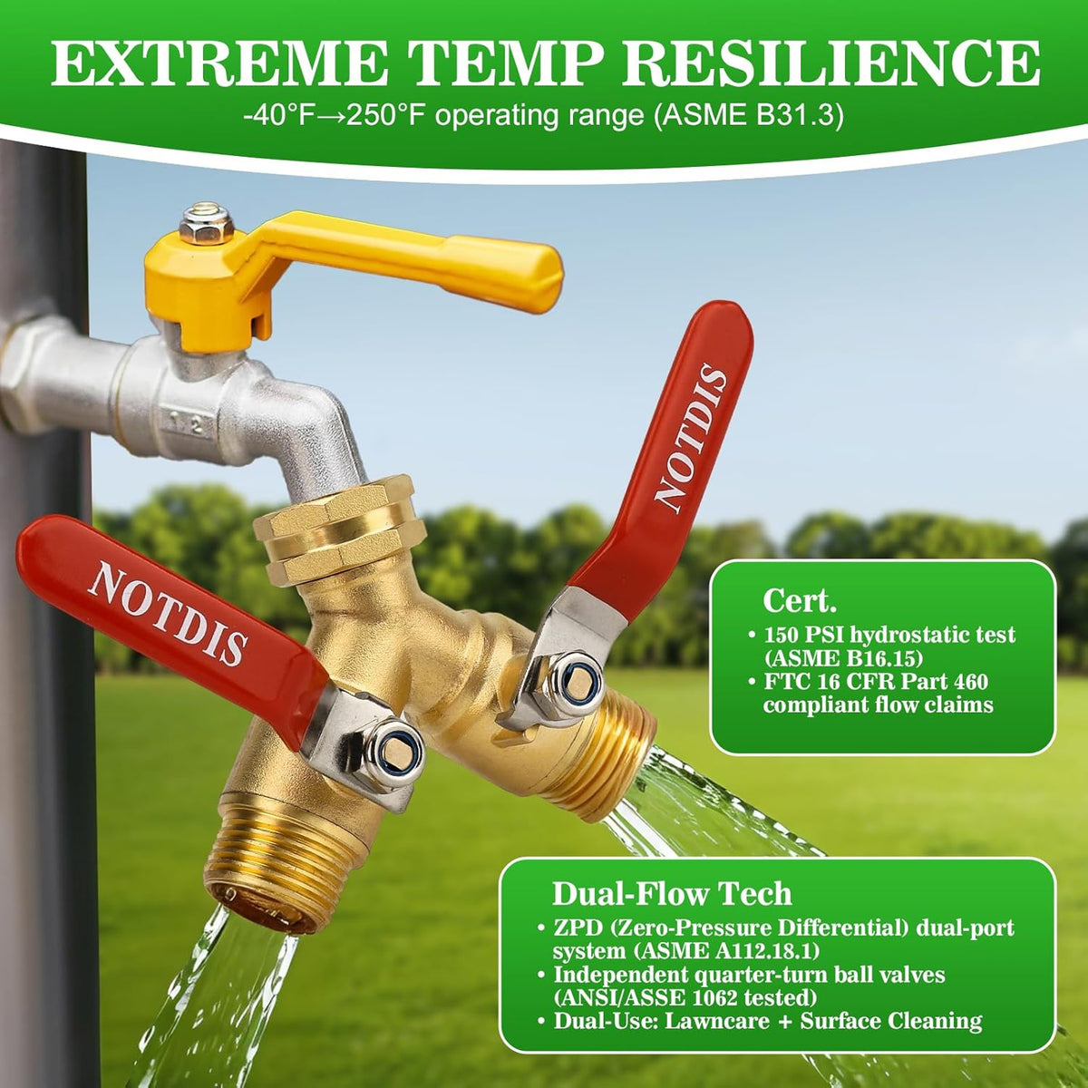 Hose Splitter 2 Way Heavy Duty Brass Garden Hose Splitter with 304 Stainless Steel Long Handle Outdoor Full Flow Hose Splitter Connector,Y Valve 3/4 Inch GHT Thread
