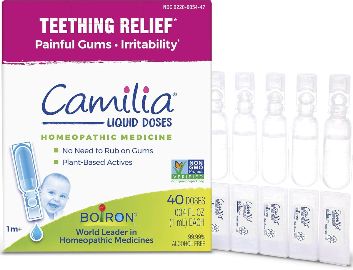Boiron Camilia Teething Drops for Daytime and Nighttime Relief of Painful or Swollen Gums and Irritability in Babies - 40 Liquid Droppers Bundled in 8 separate packs of 5