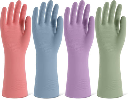 Rubber Cleaning Gloves for Dishwashing, 4 Pairs Reusable Kitchen Gloves for Washing Dishes and Household Cleaning, Colorful Dish Gloves with Flocked Lining and Non-Slip Grip, Pefect for Woman Men - M