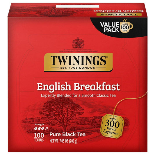 Twinings English Breakfast Black Tea Individually Wrapped Bags, 100 Count (Pack of 1), Smooth, Flavourful, and Robust, Caffeinated, Enjoy Hot or Iced, 100 Teabags
