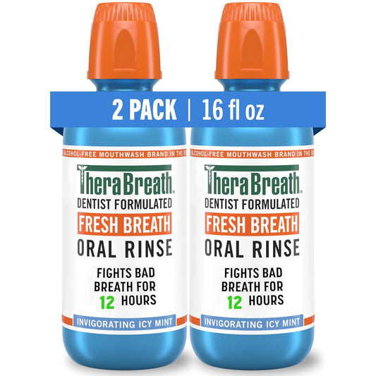 TheraBreath Fresh Breath Mouthwash, Icy Mint Flavor, Alcohol-Free, 16 Fl Oz (Pack of 2)