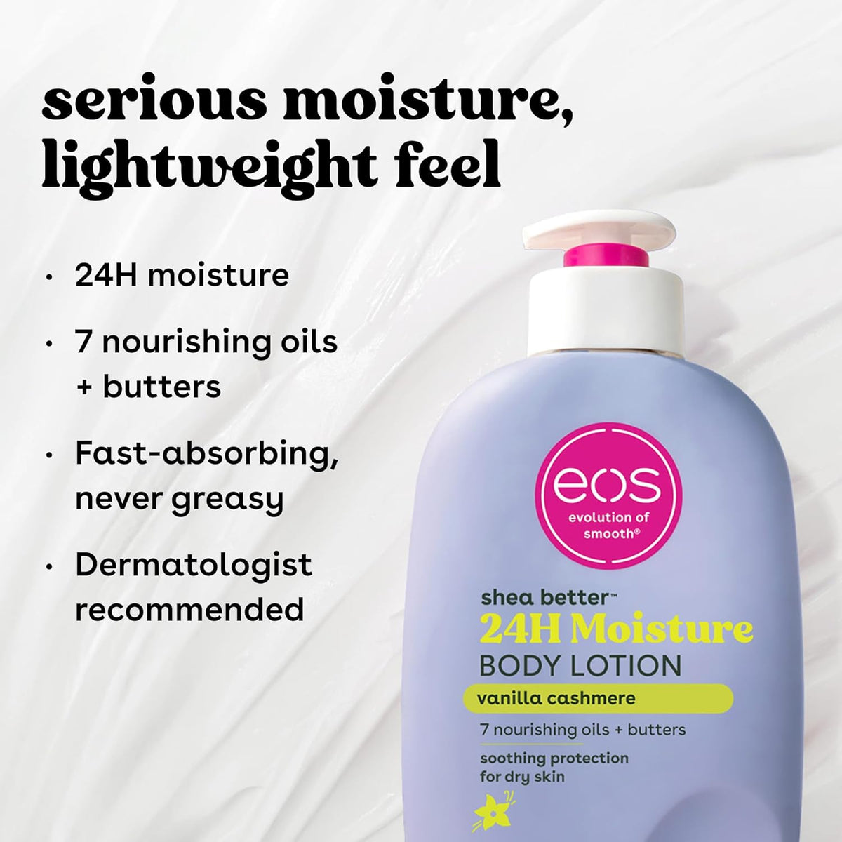eos Shea Better Body Lotion Vanilla Cashmere, 24-Hour Moisture Skin Care, Lightweight & Non-Greasy, Natural Shea, Vegan, Vanilla Body Lotion, 16 fl oz