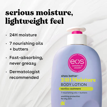 eos Shea Better Body Lotion Vanilla Cashmere, 24-Hour Moisture Skin Care, Lightweight & Non-Greasy, Natural Shea, Vegan, Vanilla Body Lotion, 16 fl oz