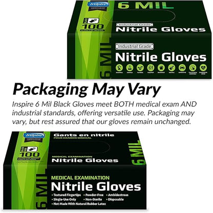 Inspire Black Nitrile Gloves HEAVY DUTY 6 Mil Nitrile Chemical Resistant Medical Cooking Cleaning Disposable Black Gloves