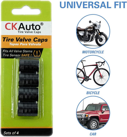 CKAuto Tire Valve Stem Caps, Black, 4 pcs/Pack, Anodized Aluminum Tire Valve Cap Set, Corrosion Resistant, Universal Stem Covers for Cars Trucks Motorcycles SUVs and Bikes