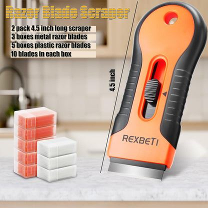 REXBETI Razor Blade Scraper Tool, 2 Pack Razor Scraper Set with Extra 80Pcs Razor Blades -30Pcs Metal and 50Pcs Plastic Blades, Cleaning Scraper Tool, Cooktop, Paint, Glass Scraper