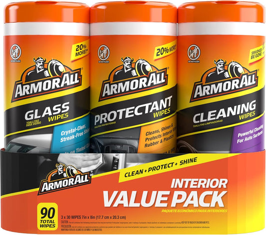 Car Wipes Multi-Pack by Armor All, Cleans Vehicle Interior and Exterior, Includes Armor All Protectant Wipes, Glass Wipes, and Cleaning Wipes, 3-Pack, 30 Car Wipes Each