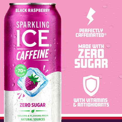Sparkling Ice Caffeine Black Raspberry Sparkling Water with Caffeine, Zero Sugar, with Antioxidants and Vitamins,16 fl oz Cans (Pack Of 12)