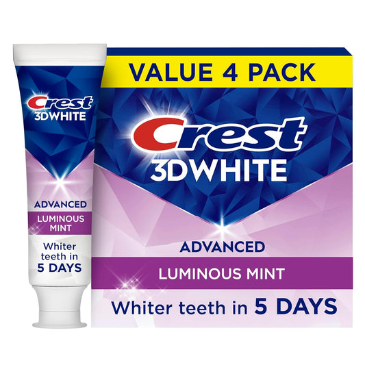Crest 3D White Advanced Luminous Mint Teeth Whitening Toothpaste, Crest Toothpaste, 3.7 oz Pack of 4 - Helps Remove Surface Stains, Whitens Teeth, Strengthens Tooth Enamel, Protects Against Cavities