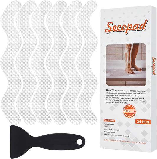 Secopad Patented Anti Slip Shower Stickers, Adhesive Decals Safety Strips with Scraper for Bath Tub, Shower Floor, Stairs, 24 Pieces (Clear)