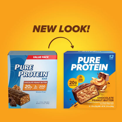 Pure Protein Chocolate Peanut Butter Protein Bars – 20g Protein, 3g Sugar, 190 Calories (12 count) Low Sugar* High Protein Snack - Gluten Free - Perfect for a Healthy Snack