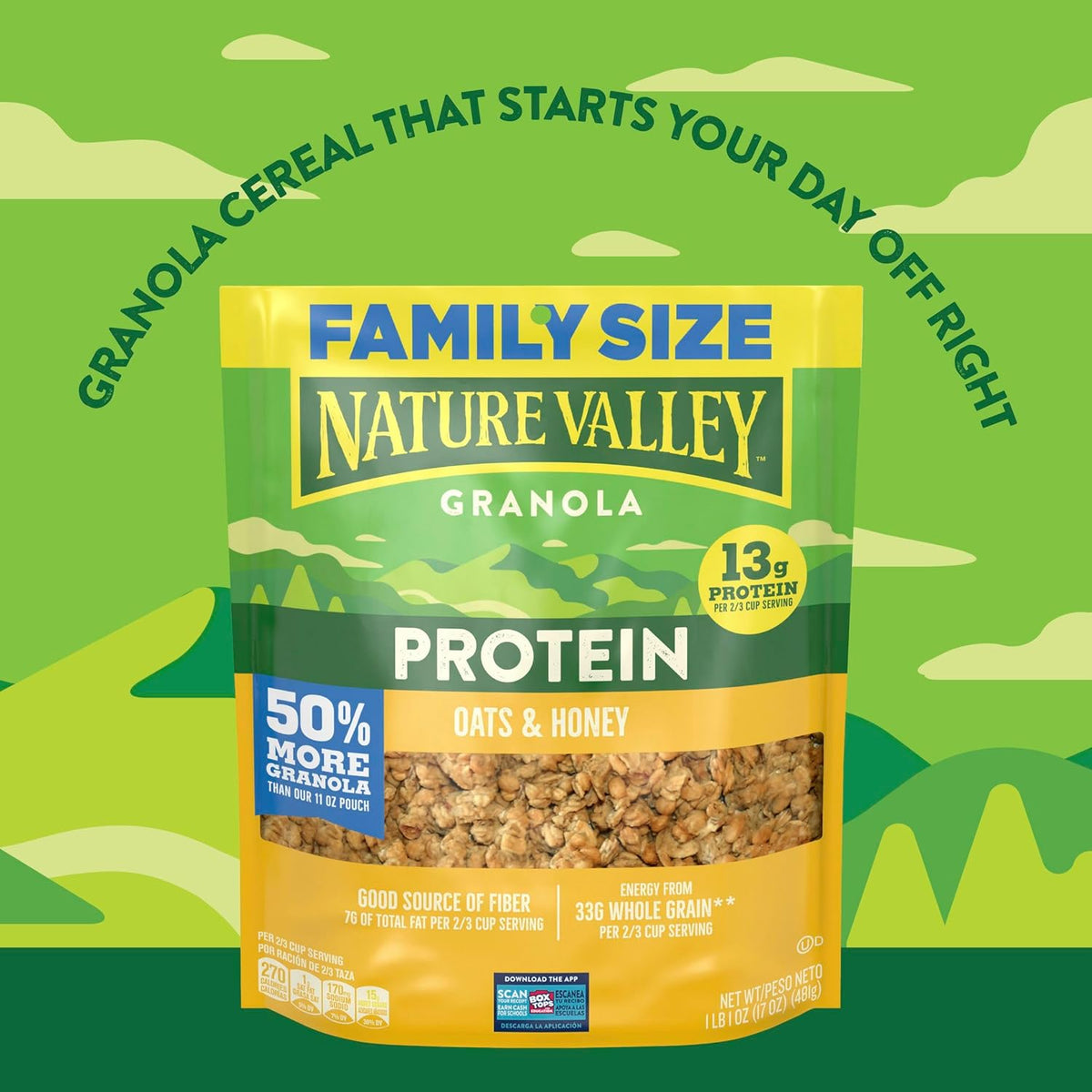 Nature Valley Protein Granola, Oats and Honey Granola, Resealable Snack Pouch, Family Size, 17 oz