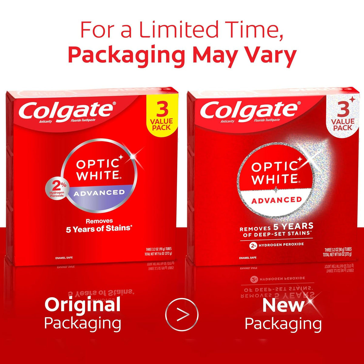 Colgate Optic White Advanced Hydrogen Peroxide Toothpaste, Teeth Whitening Toothpaste Pack, Enamel-Safe Formula, Helps Remove Tea, Coffee, and Wine Stains, Sparkling White, 3 Pack, 3.2 oz