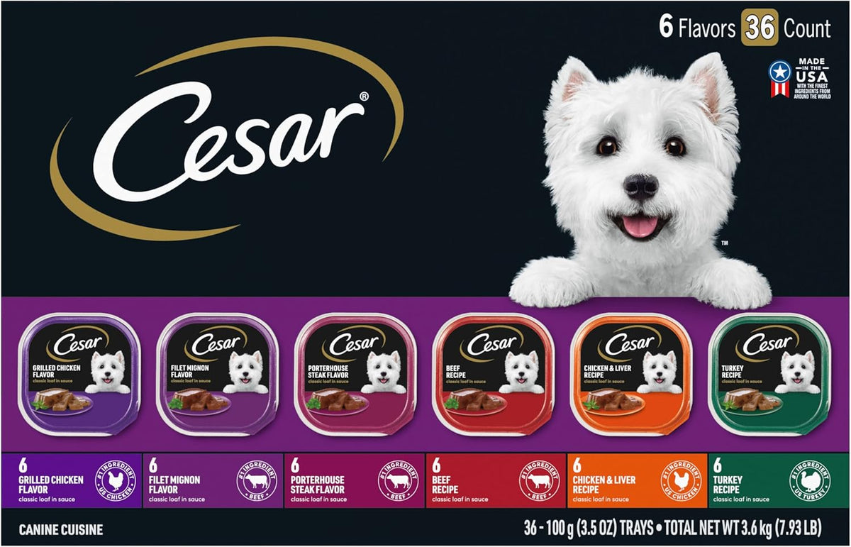 Cesar Wet Dog Food Classic Loaf in Sauce Grilled Chicken, Filet Mignon, Porterhouse Steak, Beef, Chicken & Liver and Turkey Variety Pack 3.5 oz. Easy Peel Trays (36 Count, Pack of 1)