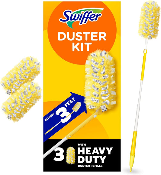 Swiffer Duster Kit with 3 ft Extendable Handle, Heavy Duty Dusting Starter Kit with 3 Refills, for Ceiling Fans, Vents and Hard to Reach Places