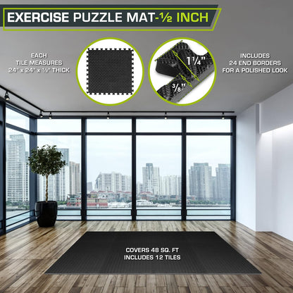 ProsourceFit Puzzle Exercise Mat ½ in, EVA Interlocking Foam Floor Tiles for Home Gym, Water-Resistant Mats Workout Equipment, Floor Padding for Kids, Black, 24 in x 24 in x ½ in, 48 Sq Ft - 12 Tiles