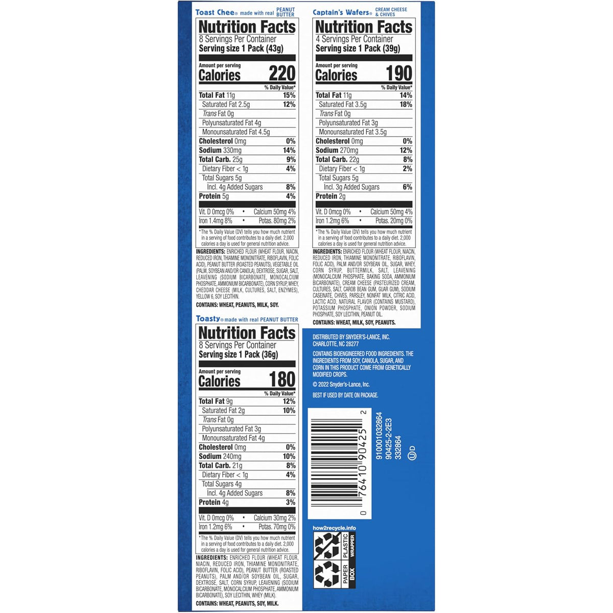 Lance Sandwich Crackers, Variety Pack, 3 Flavors, 20 Individually Wrapped Packs, 6 Sandwiches Each