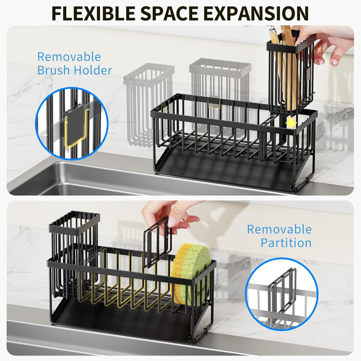 Cisily Sink Caddy Sponge Holder for Kitchen with Brush Holder and Stainless Steel Self Drain Tray, Rustproof Kitchen Sink Organizer for Sponge, Soap Dispenser Storage Accessories