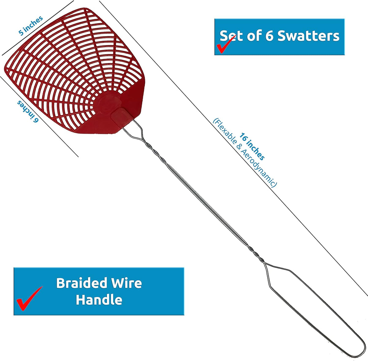 W4W, Bug & Fly Swatter Braided Metal Handle 6 Pack Fly Swatters Indoor/Outdoor flyswatter