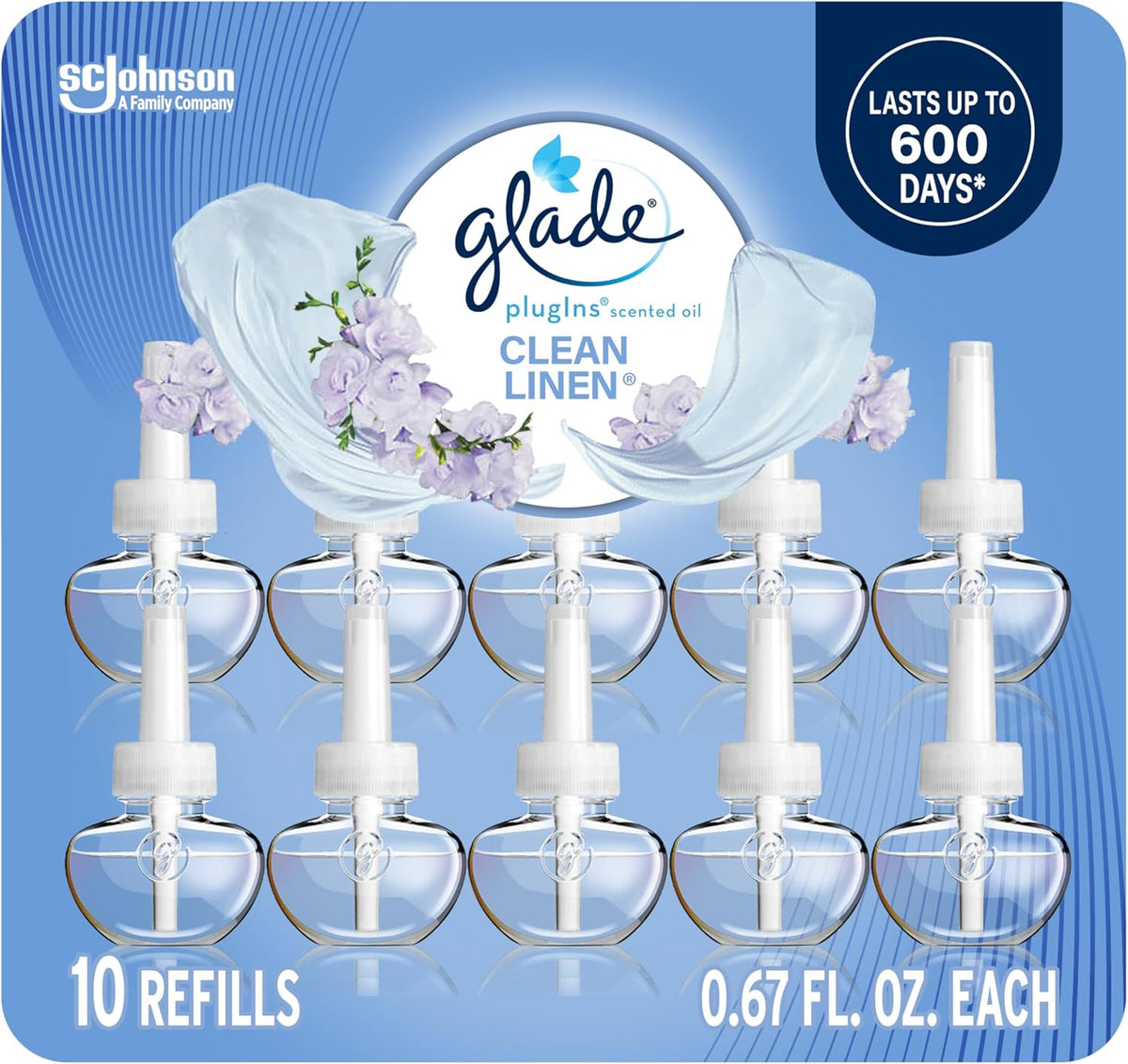 Glade PlugIns Refills Air Freshener, Scented and Essential Oils for Home and Bathroom, Clean Linen, 6.7 Fl Oz, 10 Count