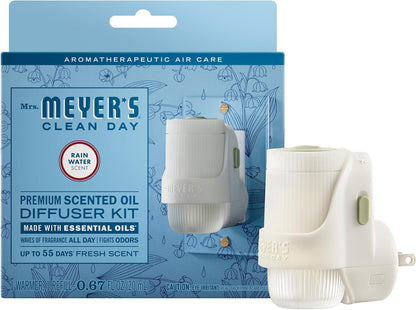 MRS. MEYER'S CLEAN DAY Premium Scented Oil Diffuser Kit, Rain Water, 1 warmer and .67 fl oz refill