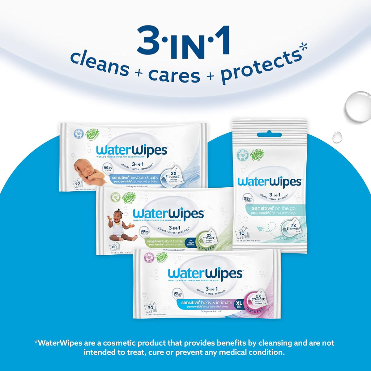 WaterWipes Sensitive+ Baby & Toddler Wipes, 3-In-1 Cleans, Cares, Protects, 99.9% Water, Textured Clean, Unscented & Hypoallergenic, 240 Count (4 Packs)