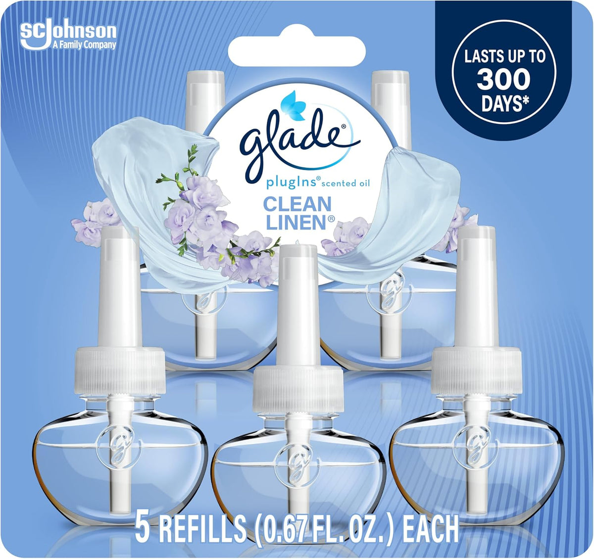 Glade PlugIns Refills Air Freshener, Scented and Essential Oils for Home and Bathroom, Clean Linen, 3.35 Fl Oz, 5 Count