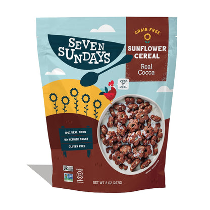 Seven Sundays Sunflower Cereal, Real Cocoa, 8 Oz Bag, Grain & Gluten Free, 5g Upcycled Protein, 1g Added Sugar, Crunchy Chocolate Snack
