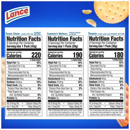 Lance Sandwich Crackers, Variety Pack, 3 Flavors, 20 Individually Wrapped Packs, 6 Sandwiches Each