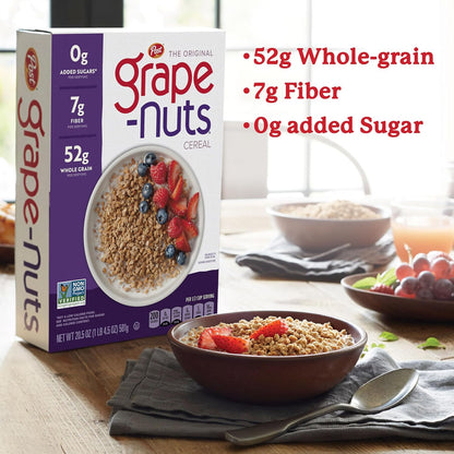 Grape-Nuts Original Cereal, Crunchy Whole Grain Wheat and Barley, Non-GMO, 20.5 oz Box