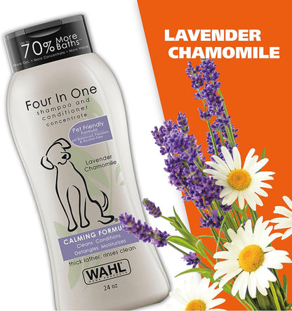 Wahl USA 4-in-1 Calming Dog Shampoo with Lavender Chamomile Scent – Cleans, Conditions, Detangles, & Moisturizes - Pet Friendly Formula - 24 Oz - Model 820000A