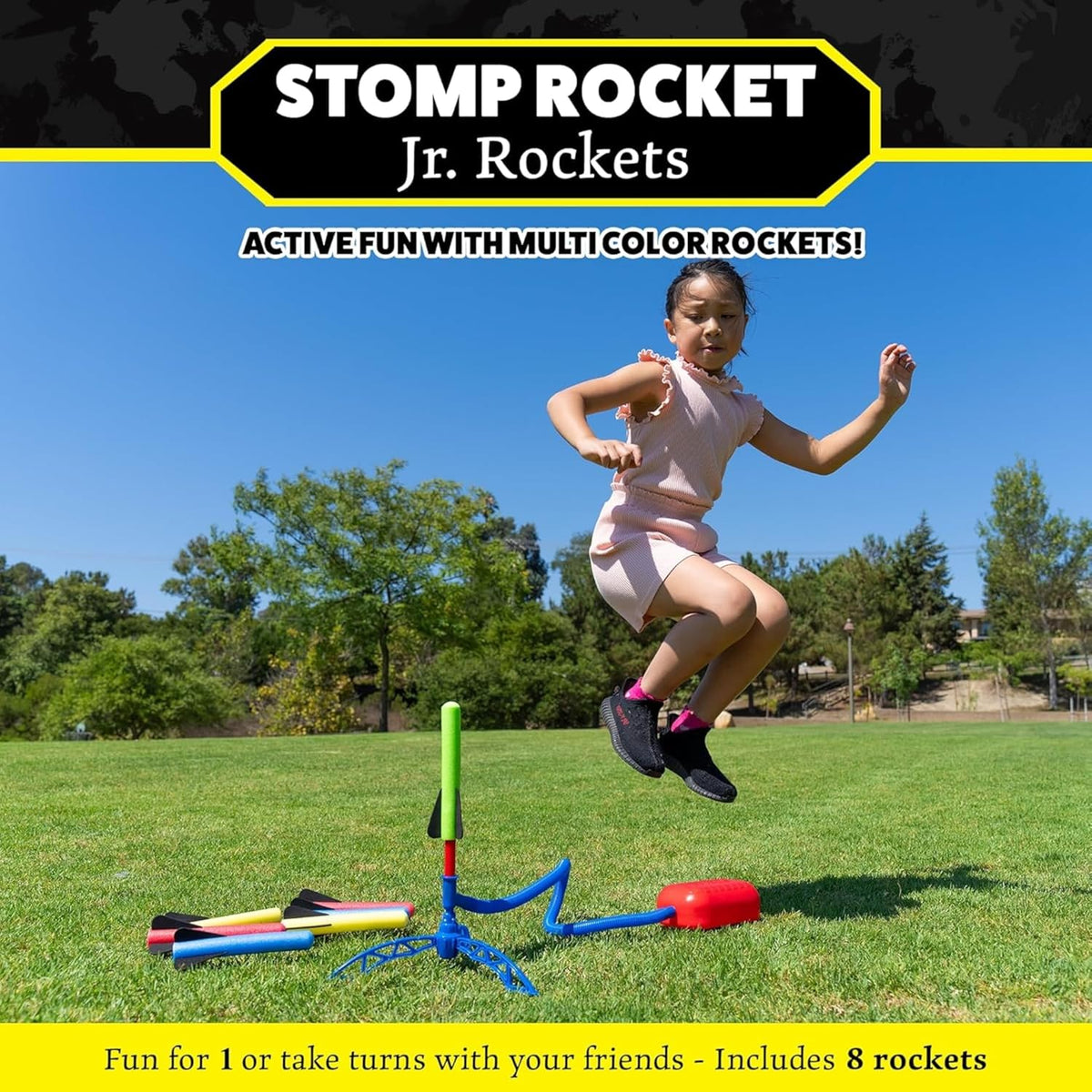 Stomp Rocket Jr Multi-Color Rocket Launcher for Kids, 8 Rockets - Fun Outdoor Kids Gifts for Boys & Girls - STEM Toy Foam Blaster Set Soars Up to 100 Feet - Ages 3 & Up
