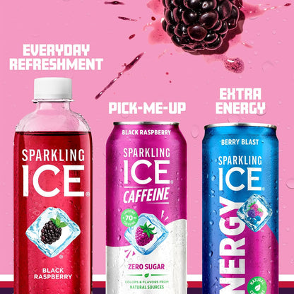 Sparkling Ice Caffeine Black Raspberry Sparkling Water with Caffeine, Zero Sugar, with Antioxidants and Vitamins,16 fl oz Cans (Pack Of 12)